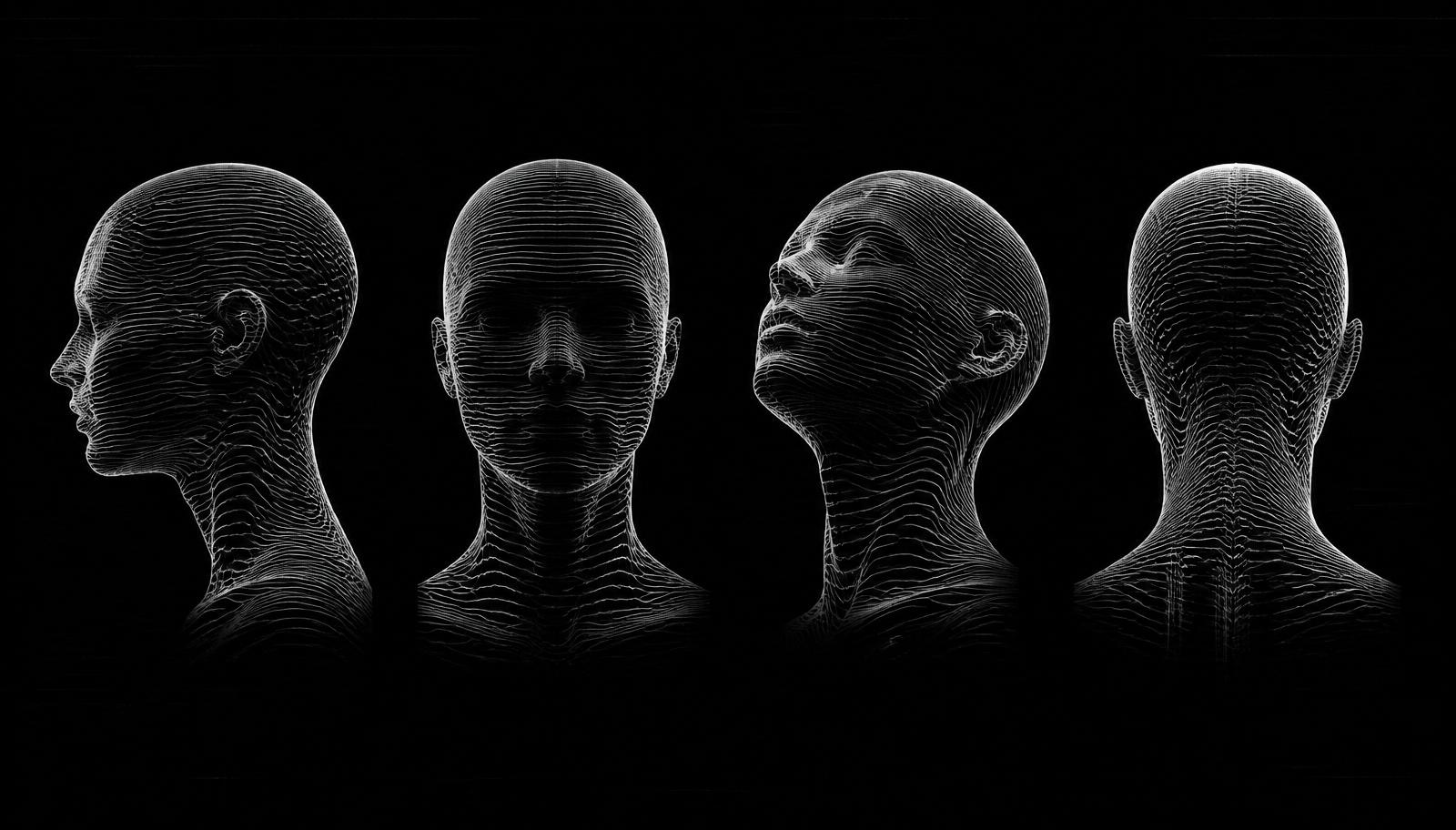 Four wireframe portrait studies representing the TalentBro AI interview panel